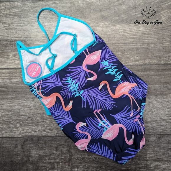 Sanifer Girls Flamingo Ruffle One Piece Swimsuit Size 7-8 Yrs - Picture 4 of 4